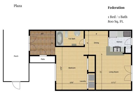Floor plan for 1 bed, 1 bath, 800 sqft